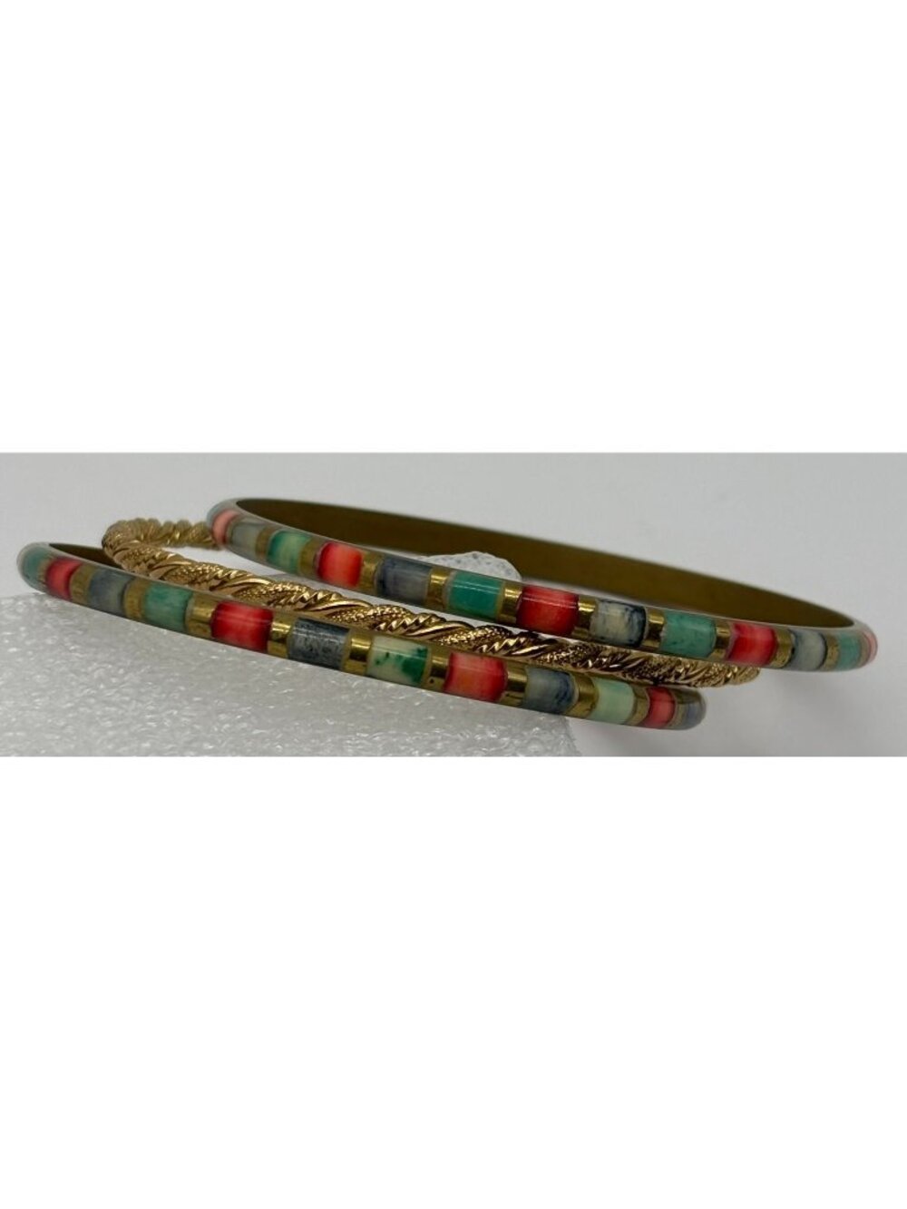 Lot of Three Vintage Bangle Bracelets 2 Brass Multicolor Inlay 1 Gold Tone Metal